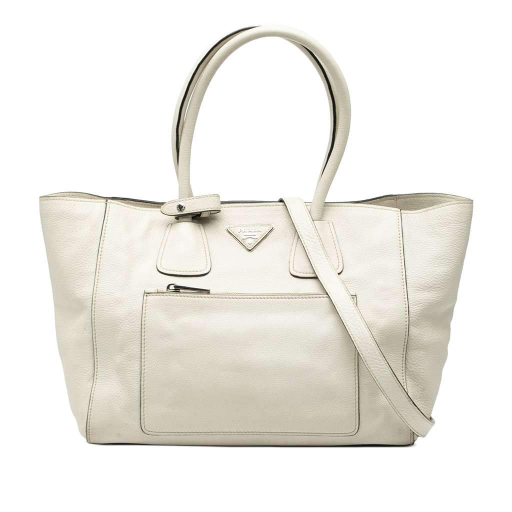 Prada Vitello Daino Front Pocket Open Convertible Tote White Leather Very good condition - Front View
