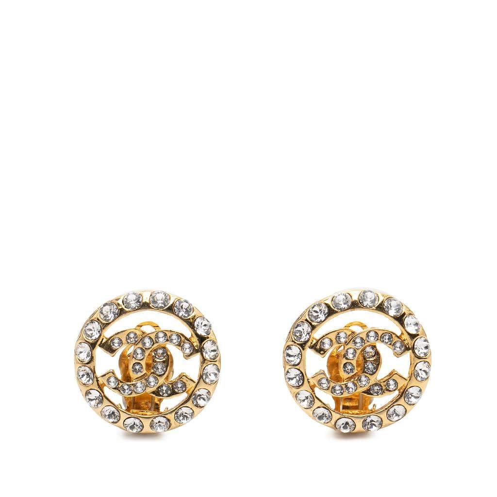 Chanel CC Gold Plated Rhinestone Round Clip On Earrings Gold Metal Very good - Front View