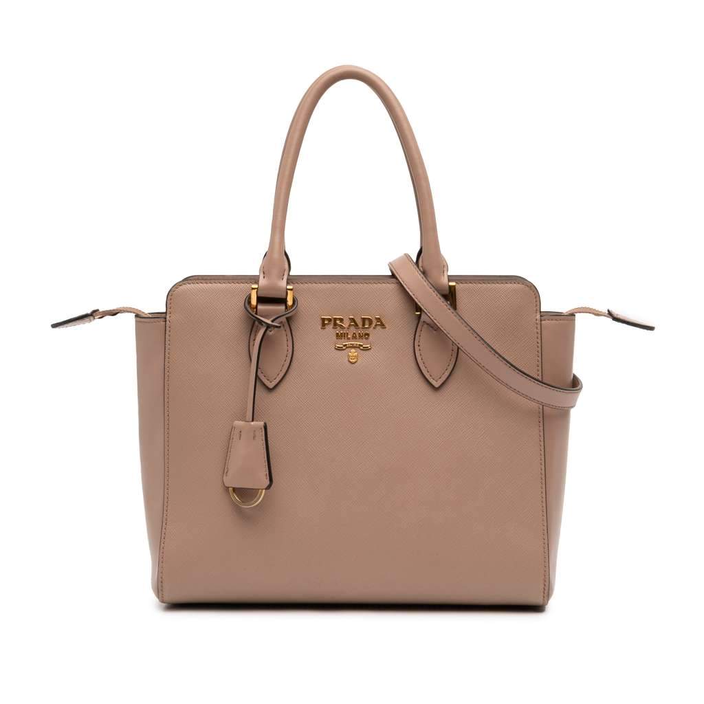 Prada Soft Calf Trimmed Saffiano Lux Zip Convertible Tote Brown Leather Very good condition - Front View