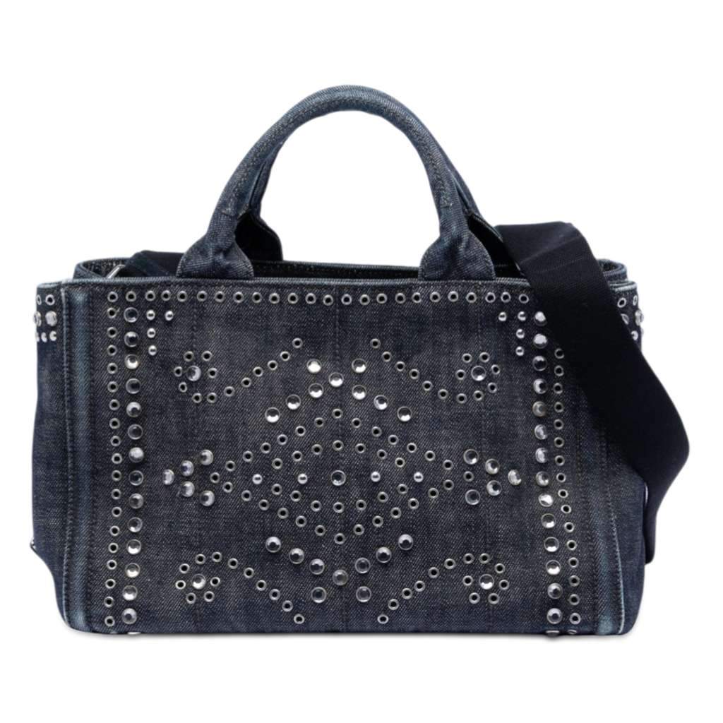 Prada Studded Denim Canapa Logo Satchel Grey Denim Very good condition - Front View