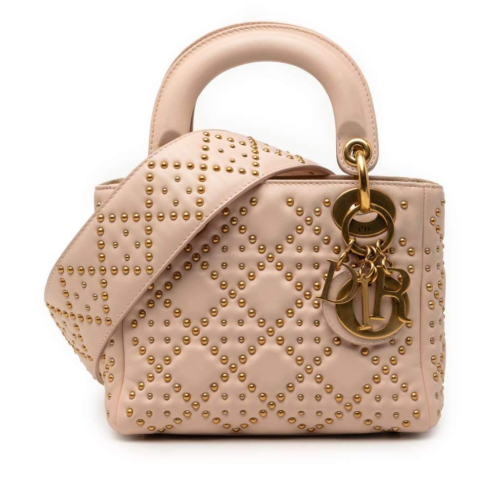 Dior Mini Lambskin Cannage Studded Supple Lady Dior Brown Leather Very good condition - Front View