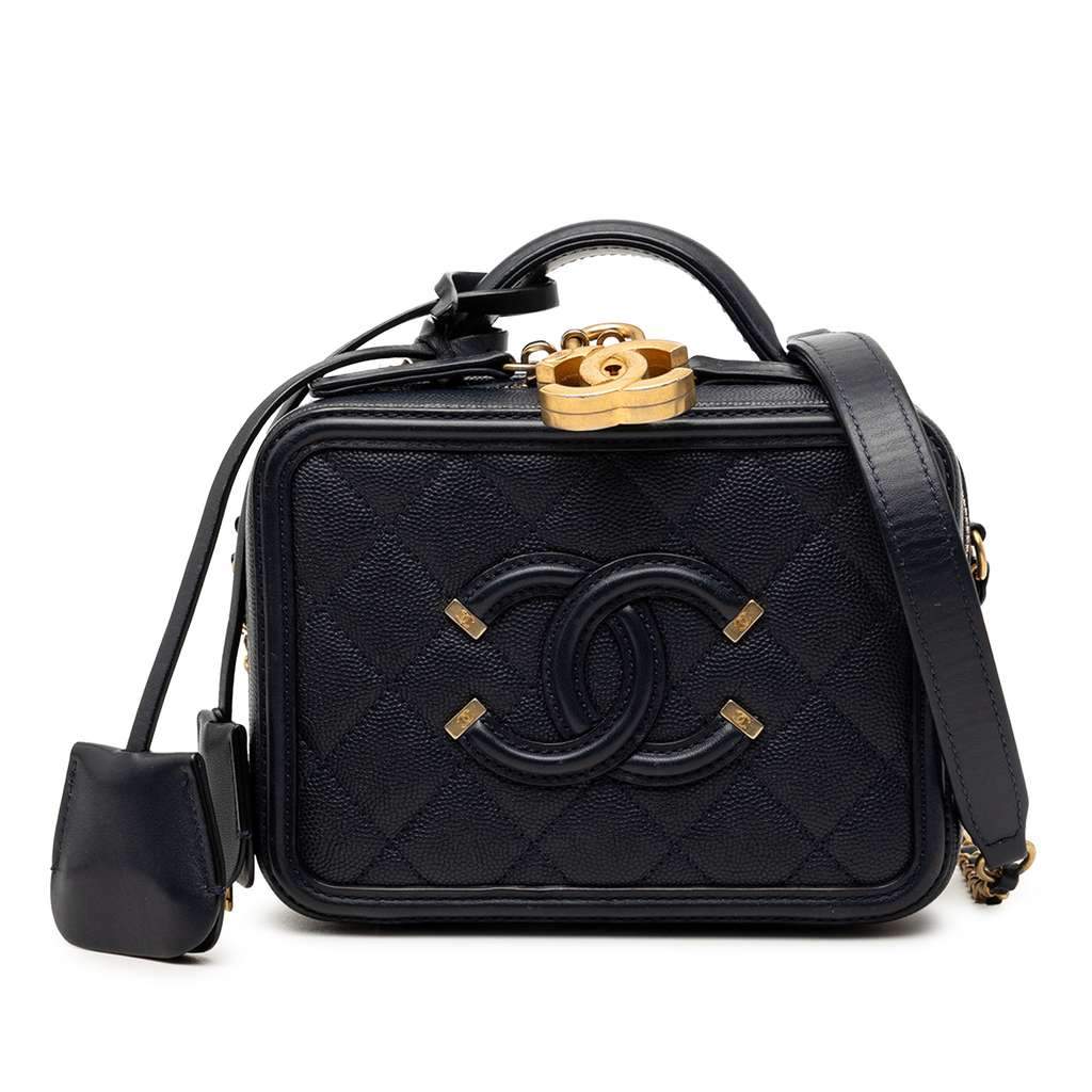 Chanel Small Caviar CC Filigree Vanity Case Blue Leather Very good condition - Front View