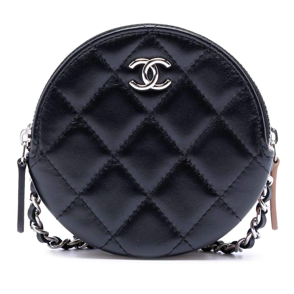 Chanel CC Quilted Lambskin Triple Zip Round Clutch With Chain Black Leather Very good condition - Front View