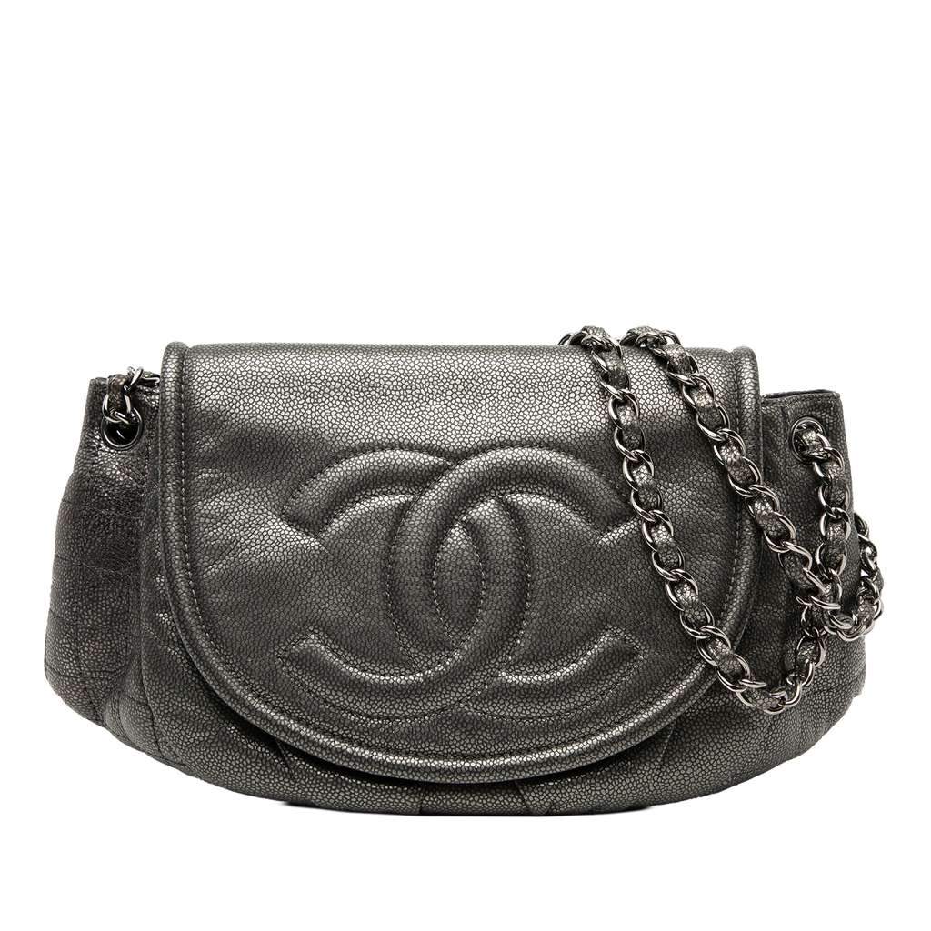 Chanel Large Metallic Caviar Half Moon Flap Grey Leather Very good condition - Front View