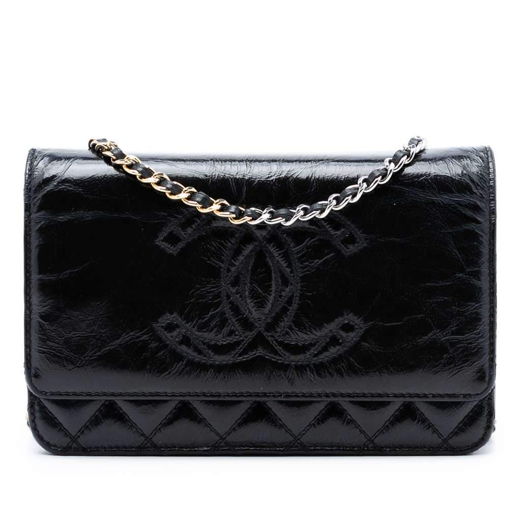 Chanel CC Quilted Shiny Aged Calfskin Wallet On Chain Black Leather Very good condition - Front View