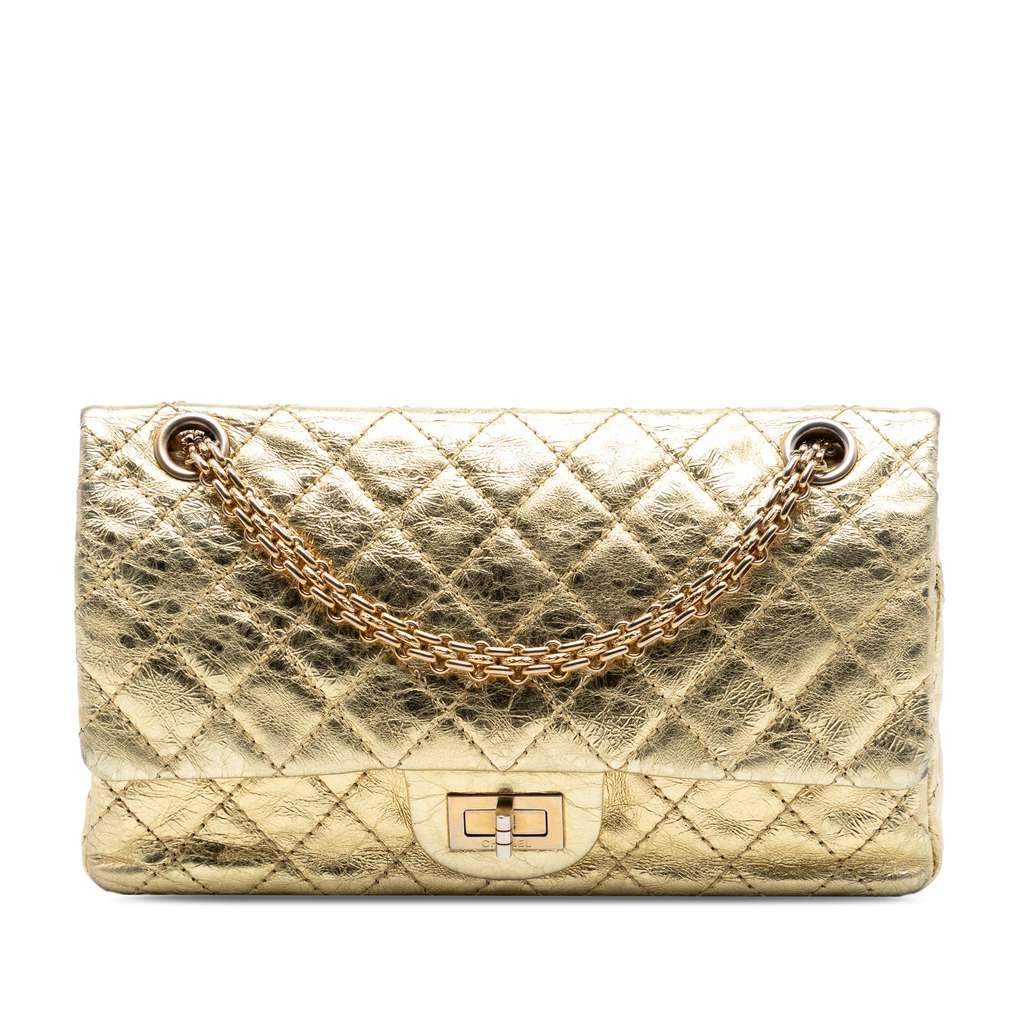 Chanel Quilted Metallic Aged Calfskin Reissue 2.55 Double Flap 225 Gold Leather Very good condition - Front View