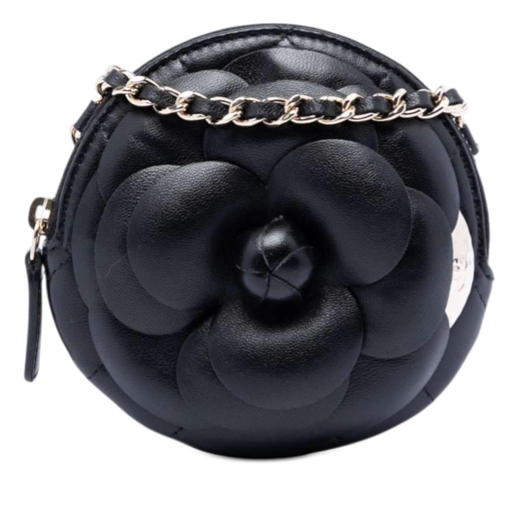 Chanel Mini CC Lambskin Camellia Bouquet Round Clutch on Chain Black Leather Very good condition - Front View