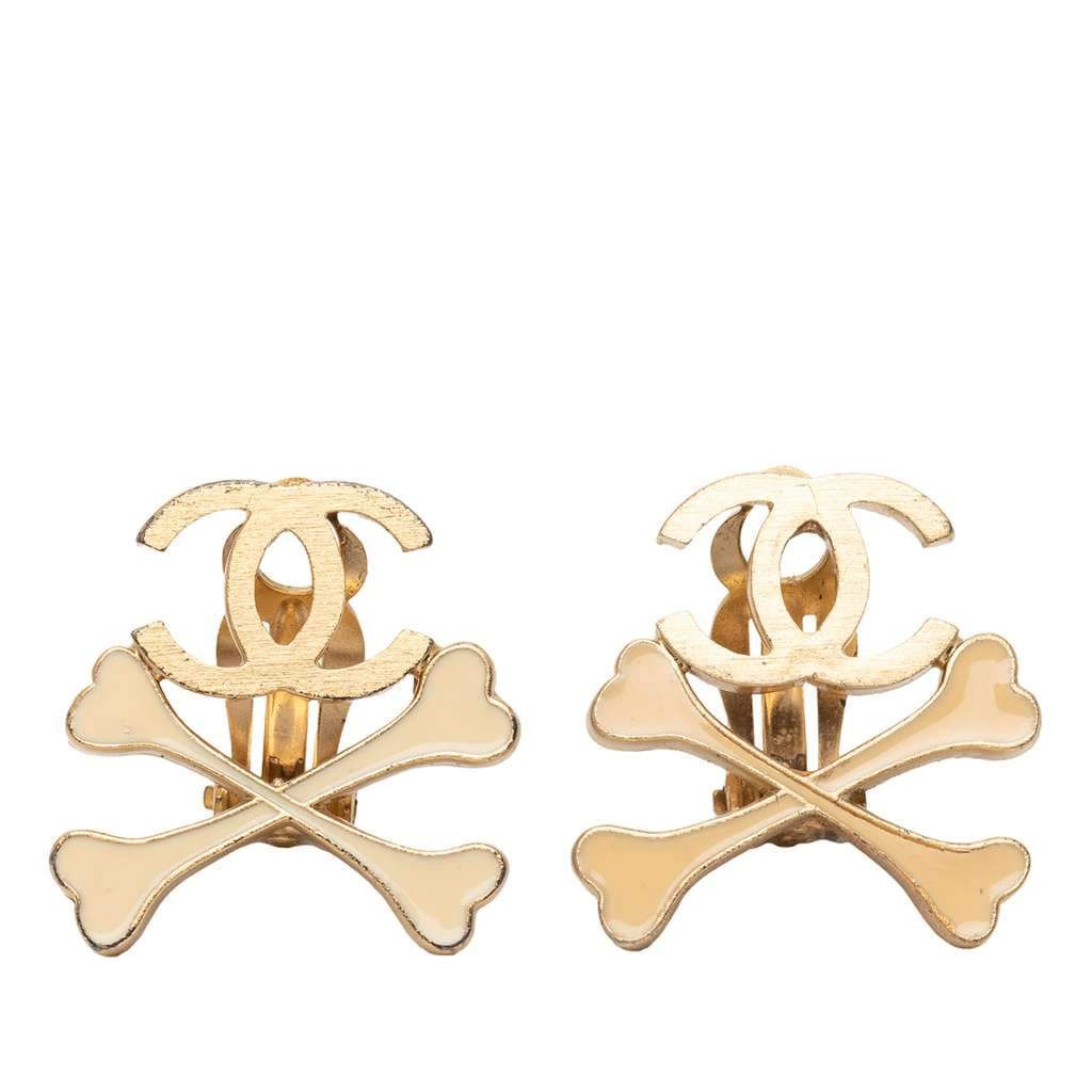 Chanel Gold Plated CC Lacquered Crossbones Clip On Earrings Gold Metal Very good - Front View