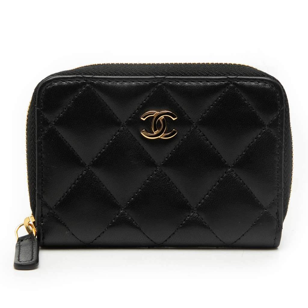Chanel CC Quilted Lambskin Zipped Coin Purse Black Leather Very good condition - Front View