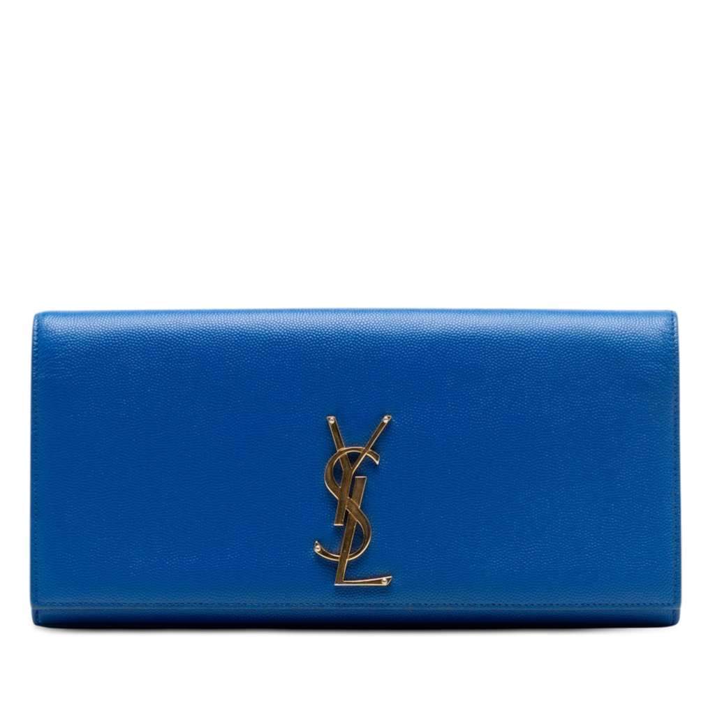 Saint Laurent Grain de Poudre Monogram Cassandre Clutch Blue Leather Very good condition - Front View