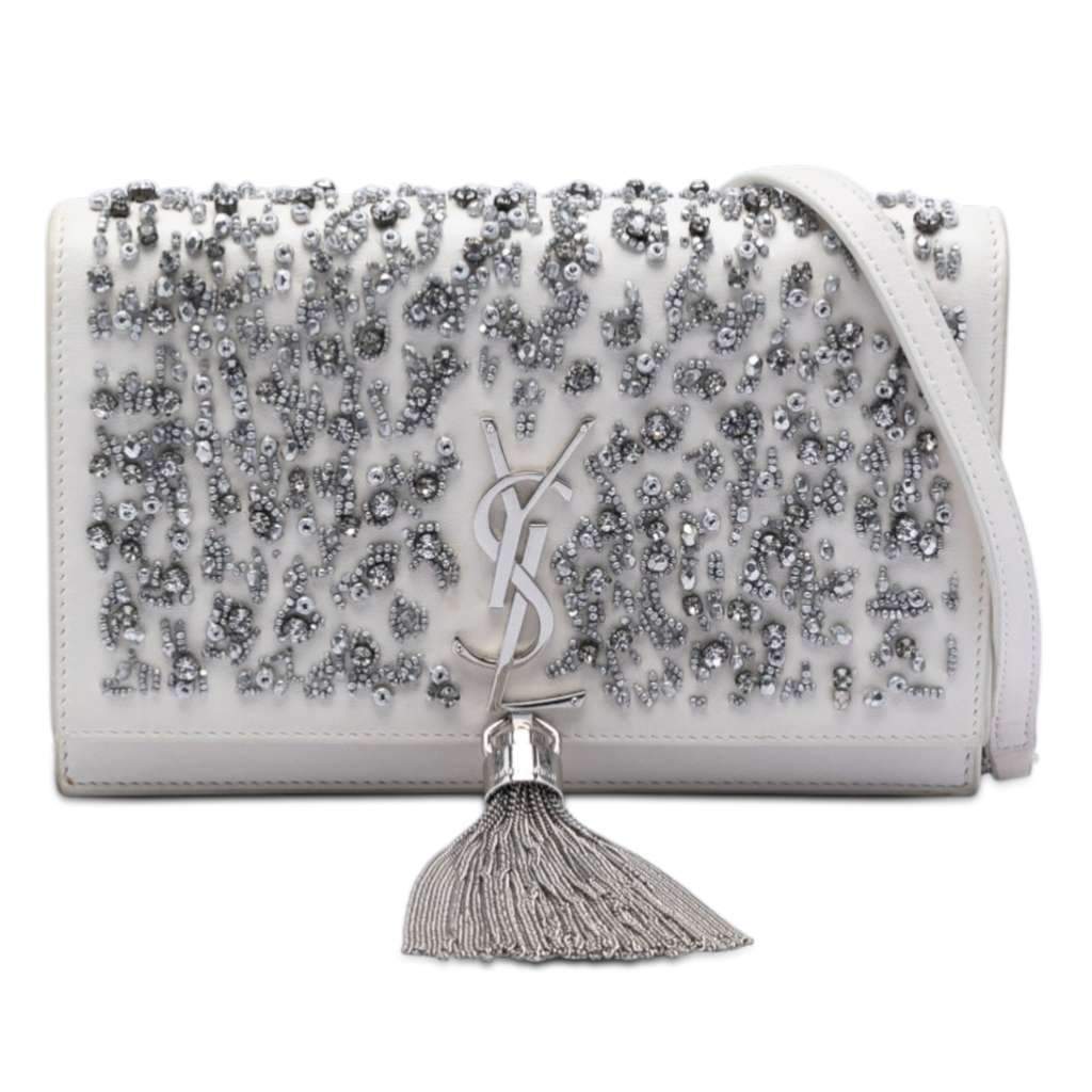 Saint Laurent Beaded Calfskin Monogram Kate Tassel Wallet on Chain White Leather Very good condition - Front View