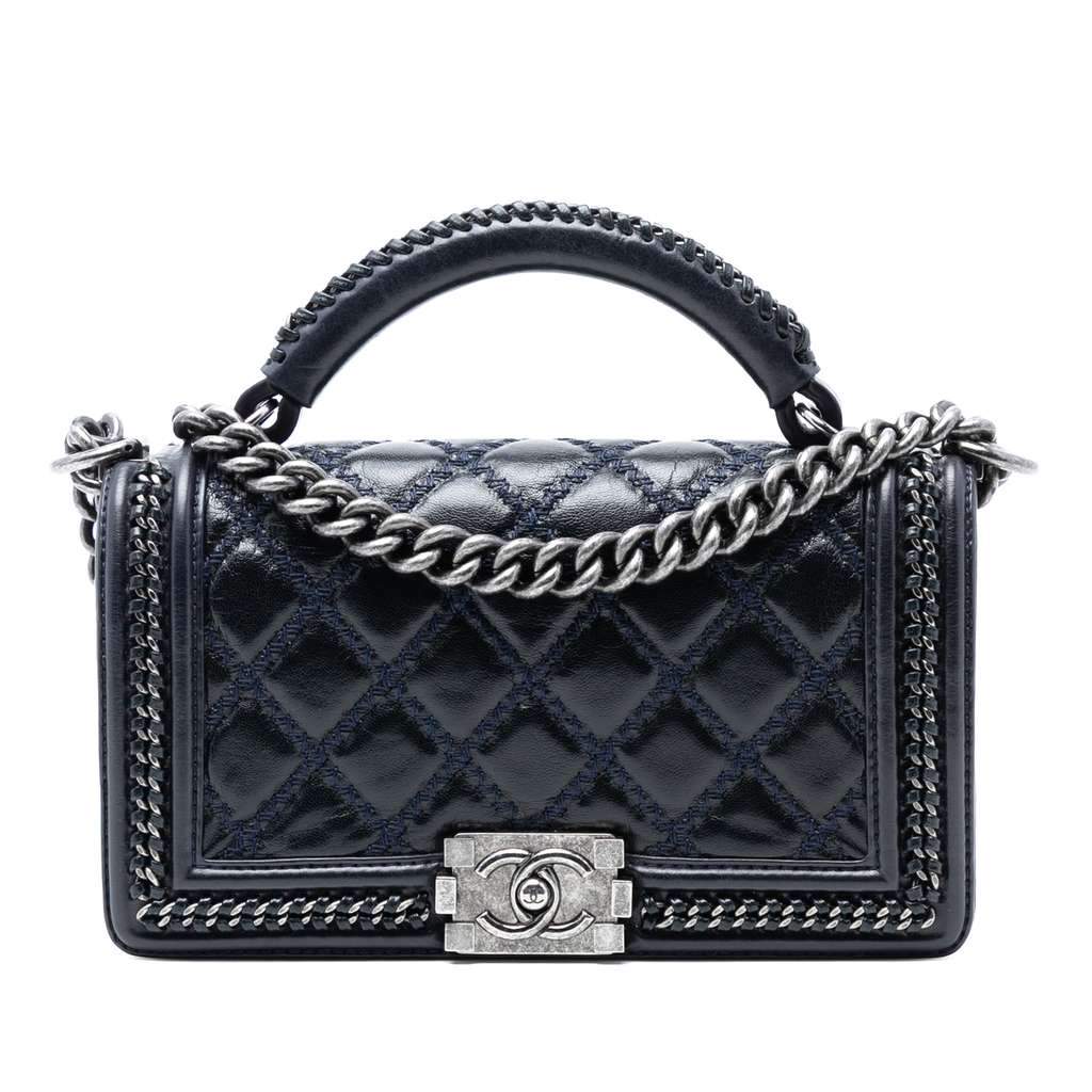 Chanel Old Medium Quilted Calfskin Whipstitch Chain Around Boy Top Handle Flap Blue Leather Very good condition - Front View