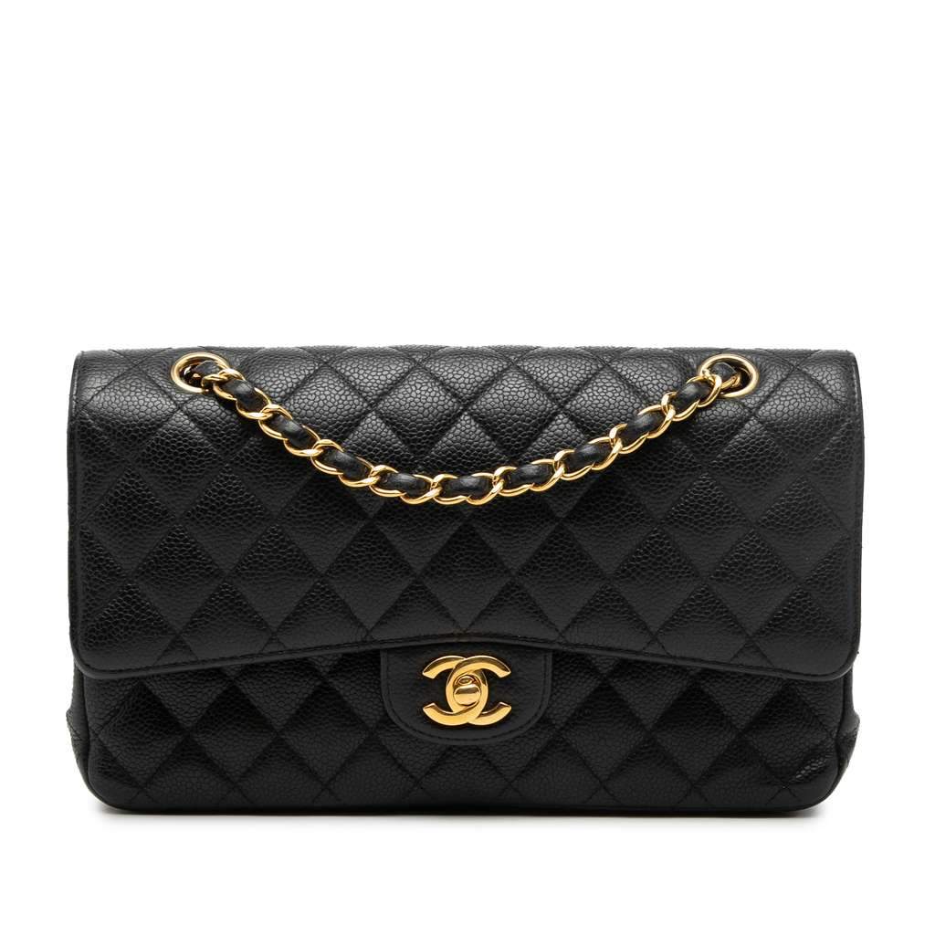 Chanel Medium Classic Caviar Double Flap Black Leather Very good - Front View