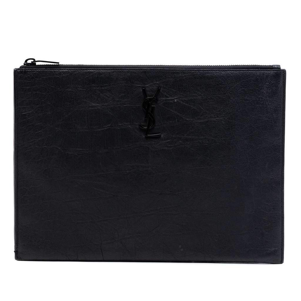 Saint Laurent Croc Embossed Leather Monogram Clutch Black Leather Very good condition - Front View