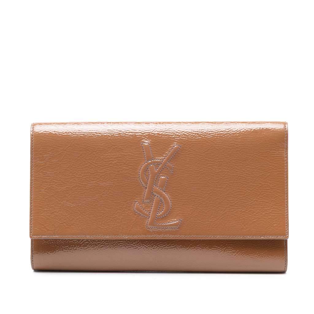 Saint Laurent Large Textured Patent Monogram Belle De Jour Clutch Brown Leather Very good condition - Front View
