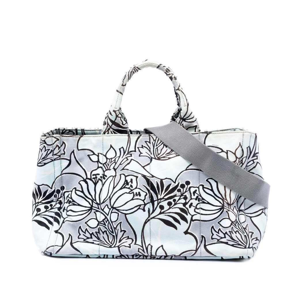 Prada Medium Floral Printed Canvas Canapa Satchel Blue Canvas Very good - Front View