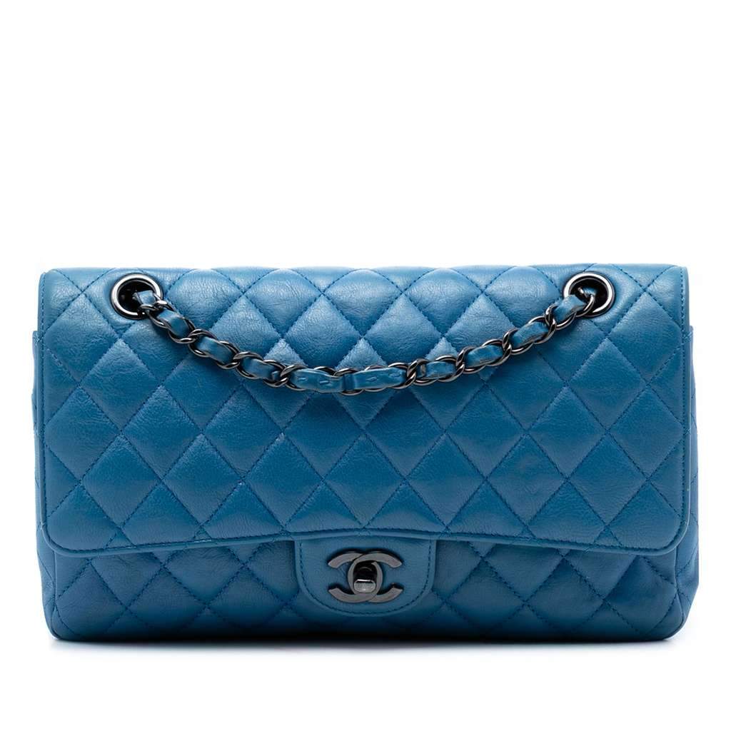 Chanel Medium Classic Calfskin Double Flap Blue Leather Very good - Front View