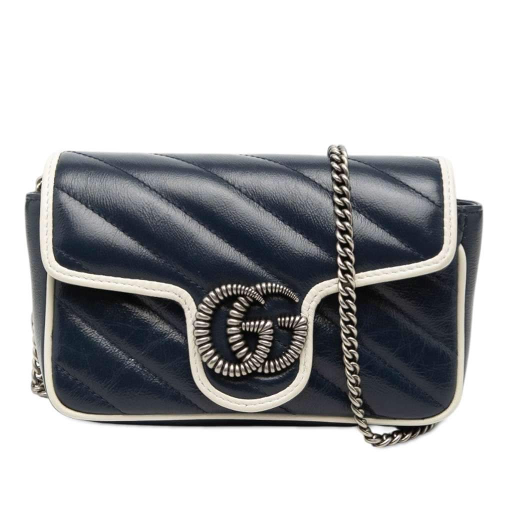 Gucci Super Mini GG Marmont Matelasse Leather Torchon Flap Crossbody Blue Leather Very good - Front View