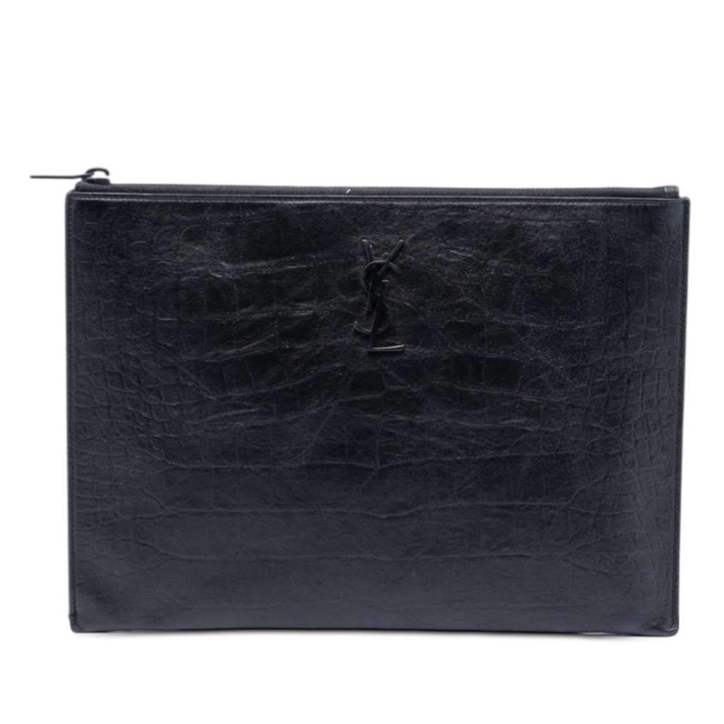 Saint Laurent Croc Embossed Leather Monogram Document Holder Black Leather Very good - Front View