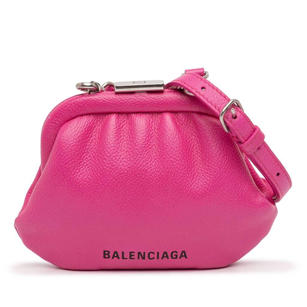 Balenciaga Mini Grained Calfskin Cloud Coin Purse On Strap Pink Leather Very good - Front View