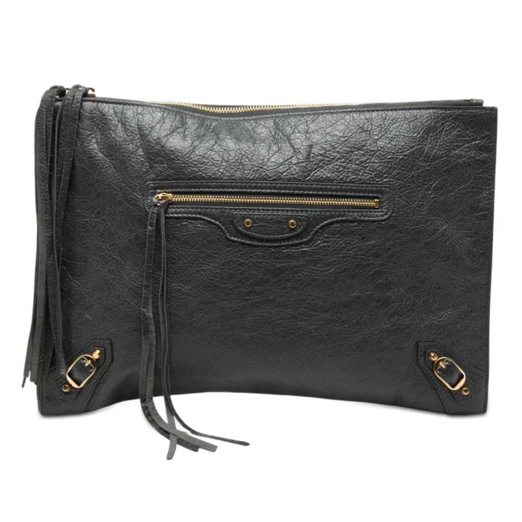 Balenciaga Lambskin Motocross Classic Zip Around Flat Clutch Grey Leather Good condition - Front View