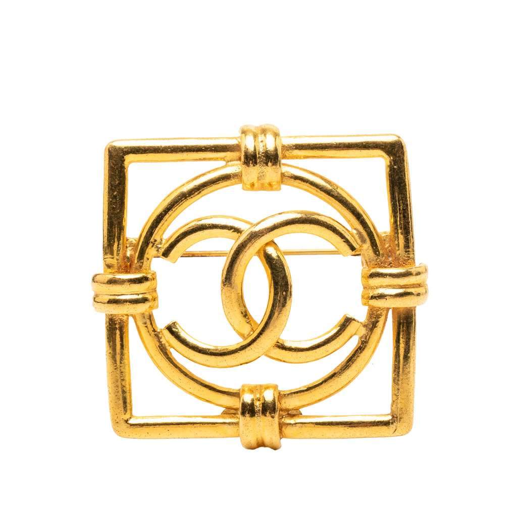 Chanel CC Gold Plated Square Brooch Gold Metal Very good - Front View
