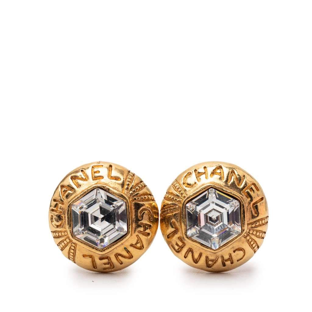 Chanel Gold Plated Crystal Logo Hexagonal Clip On Earrings Gold Metal Very good - Front View