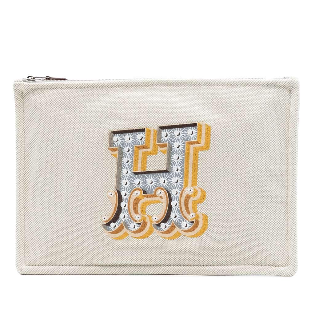 Hermès H Canvas Embroidered Electrique Flat Case Beige Very good condition - Front View