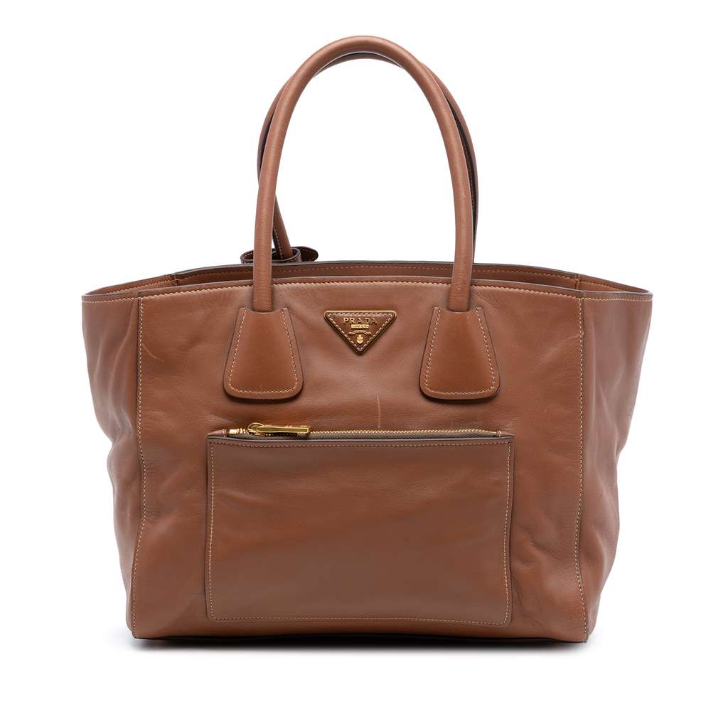 Prada Soft Calf Front Pocket Open Convertible Tote Brown Leather Very good - Front View