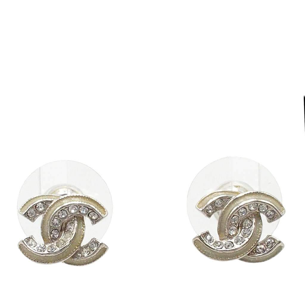Chanel CC Plated Brass Strass Push Back Earrings Silver Brass Very good condition - Front View