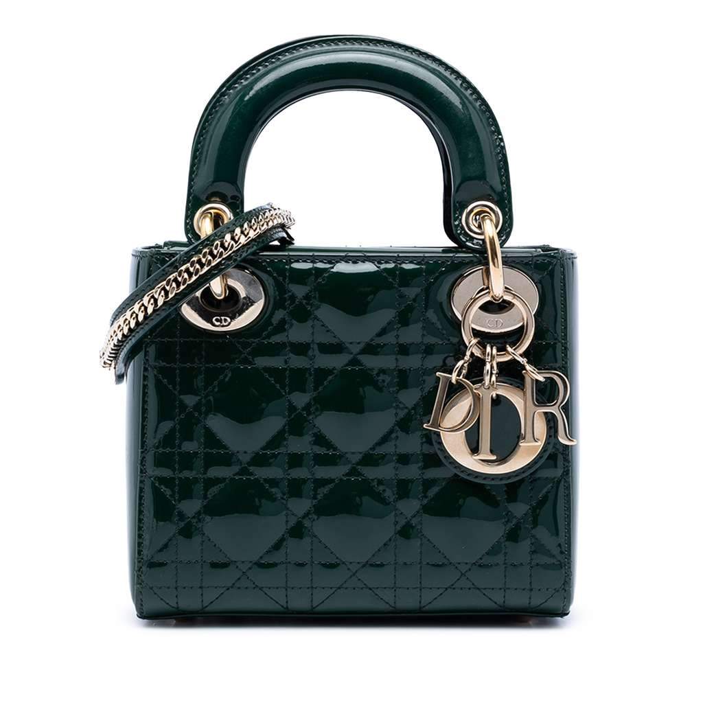 Dior Mini Patent Cannage Lady Dior Green Leather Very good condition - Front View