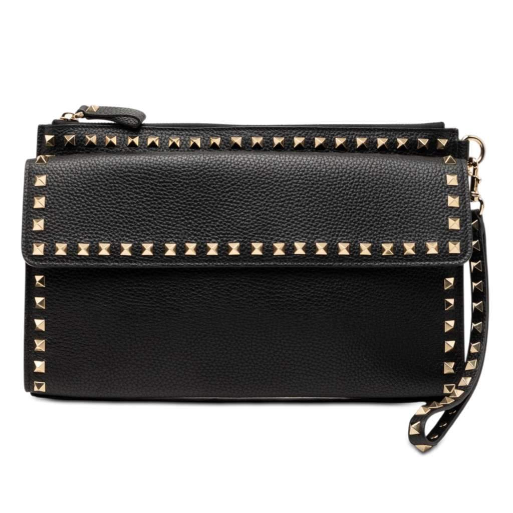 Valentino Grained Calfskin Rockstud Wristlet Clutch Black Leather Very good condition - Front View
