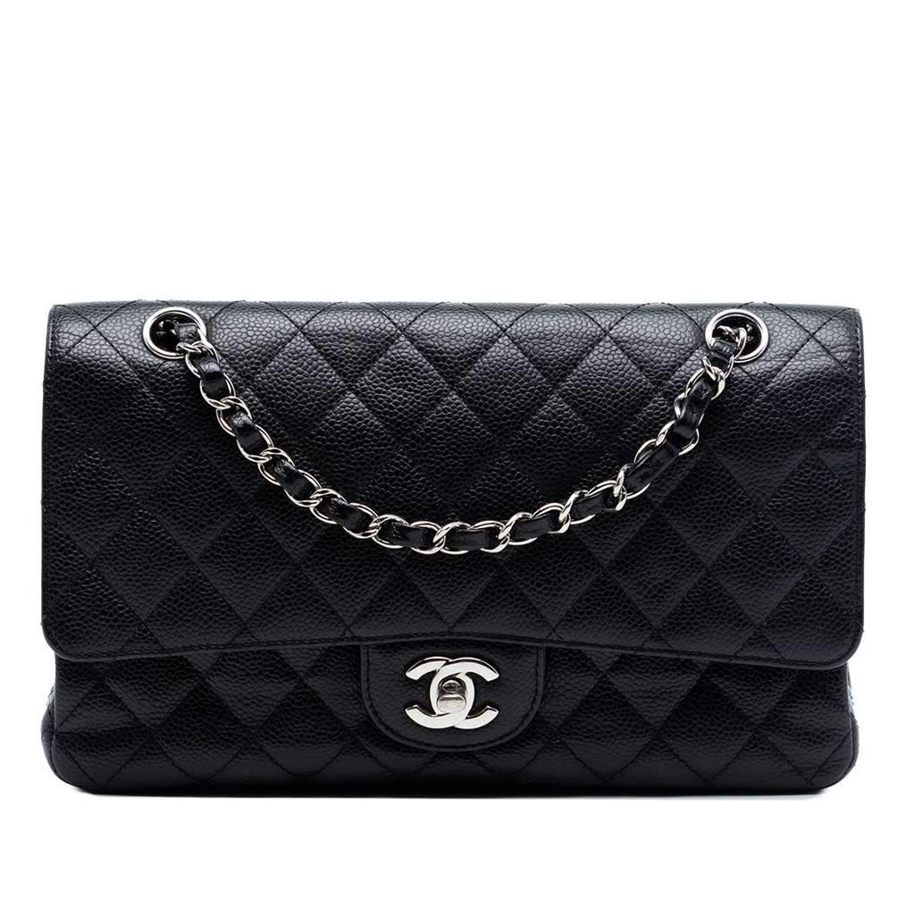 Chanel Medium Classic Caviar Double Flap Black Leather Very good - Front View