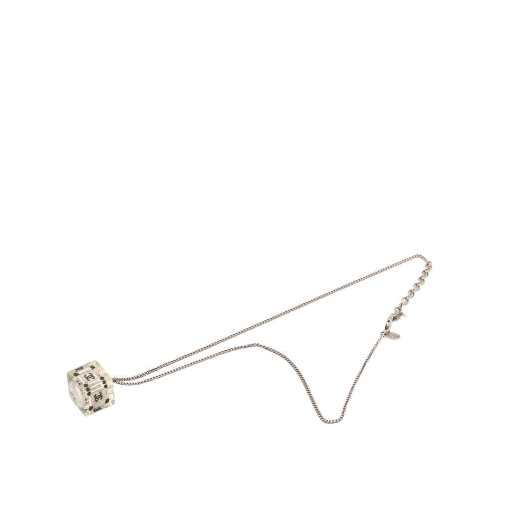 Chanel CC Plated Brass Acrylic Cube Pendant Necklace Silver Brass Very good condition - Front View