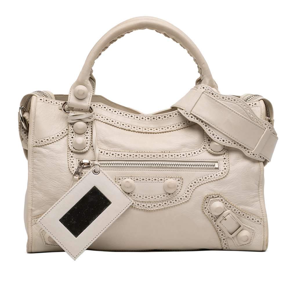 Balenciaga Lambskin Motocross Giant Brogues City Satchel White Leather Very good condition - Front View