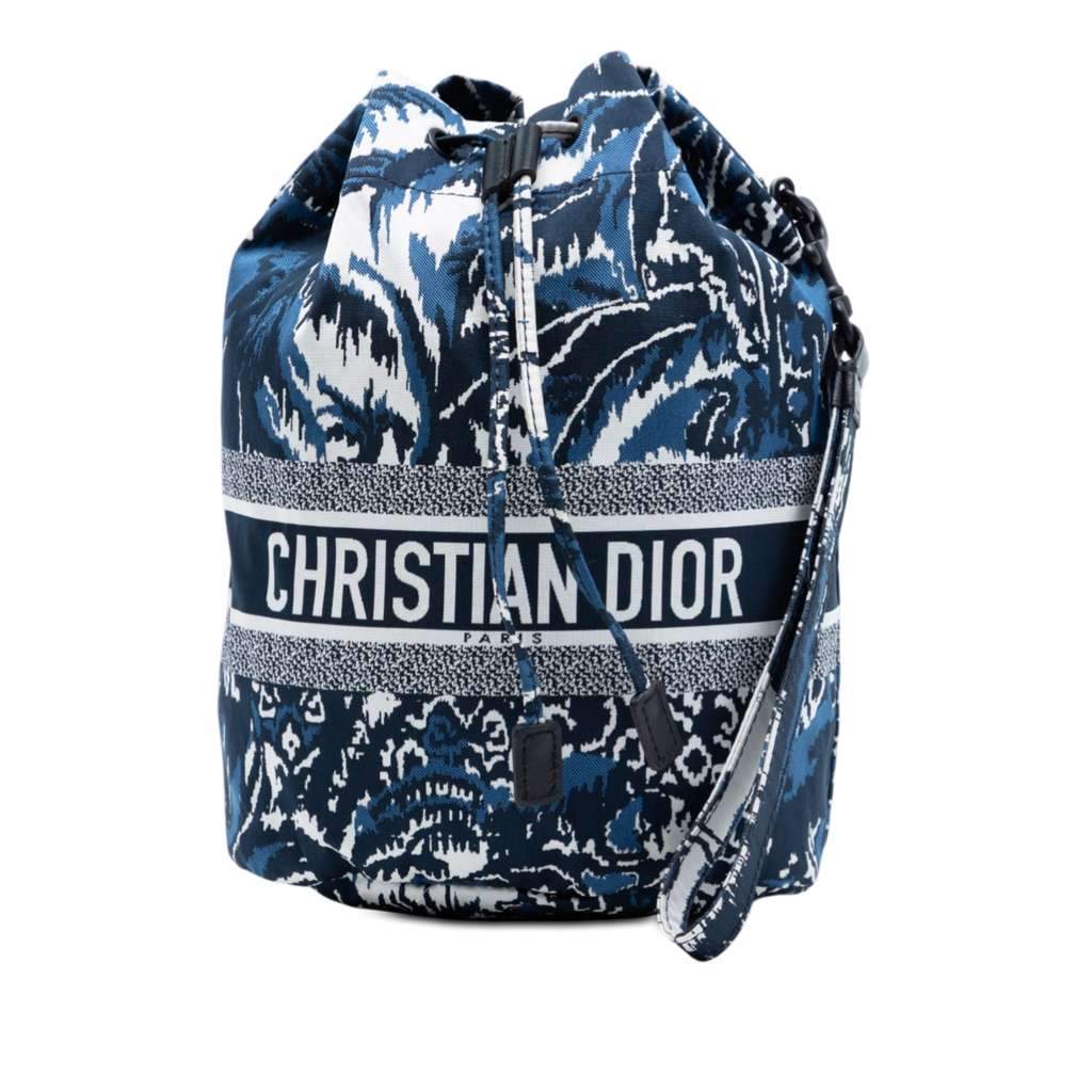 Dior Technical Fabric Embroidered Palm Tree Toile de Jouy DiorTravel Drawstring Pouch Blue Very good - Front View