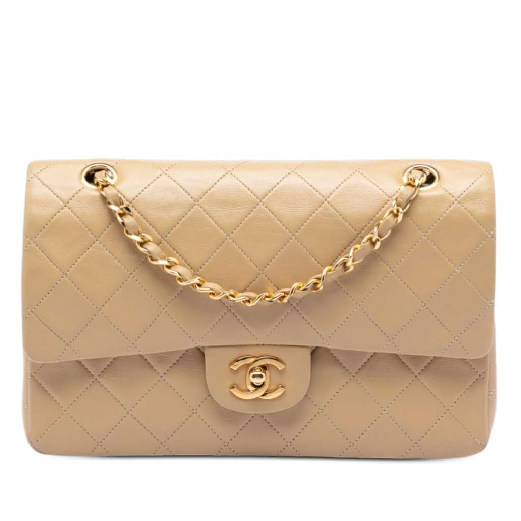 Chanel Medium Classic Lambskin Double Flap Beige Leather Very good condition - Front View