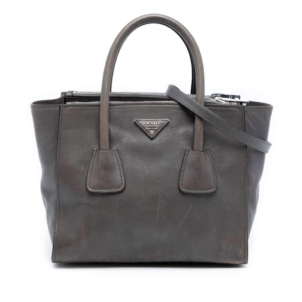 Prada Small Glace Calf Twin Pocket Satchel Grey Leather Very good - Front View
