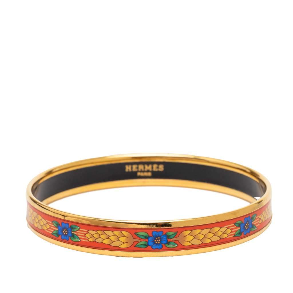 Hermès Narrow Floral and Wheat Enamel Bangle 62 Red Very good - Front View