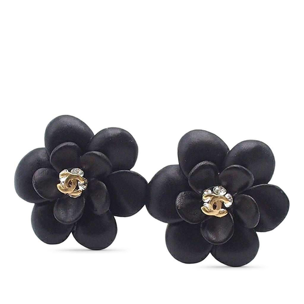 Chanel CC Resin Rhinestone Camellia Clip On Earrings Black Very good - Front View