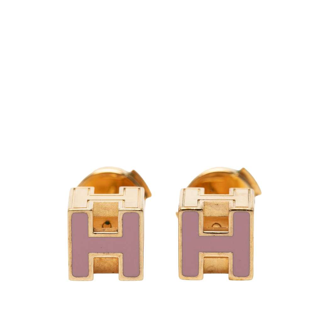 Hermès Gold Plated Enamel Cage dH Cube Push Back Earrings Purple Metal Very good - Front View