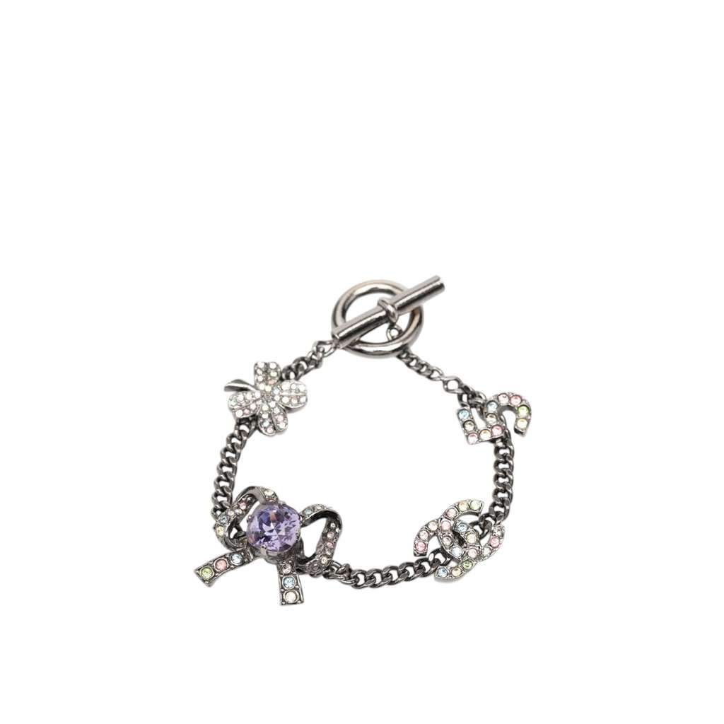 Chanel Silver Plated Crystal CC No. 5 Bow Charm Bracelet Silver Metal Very good - Front View