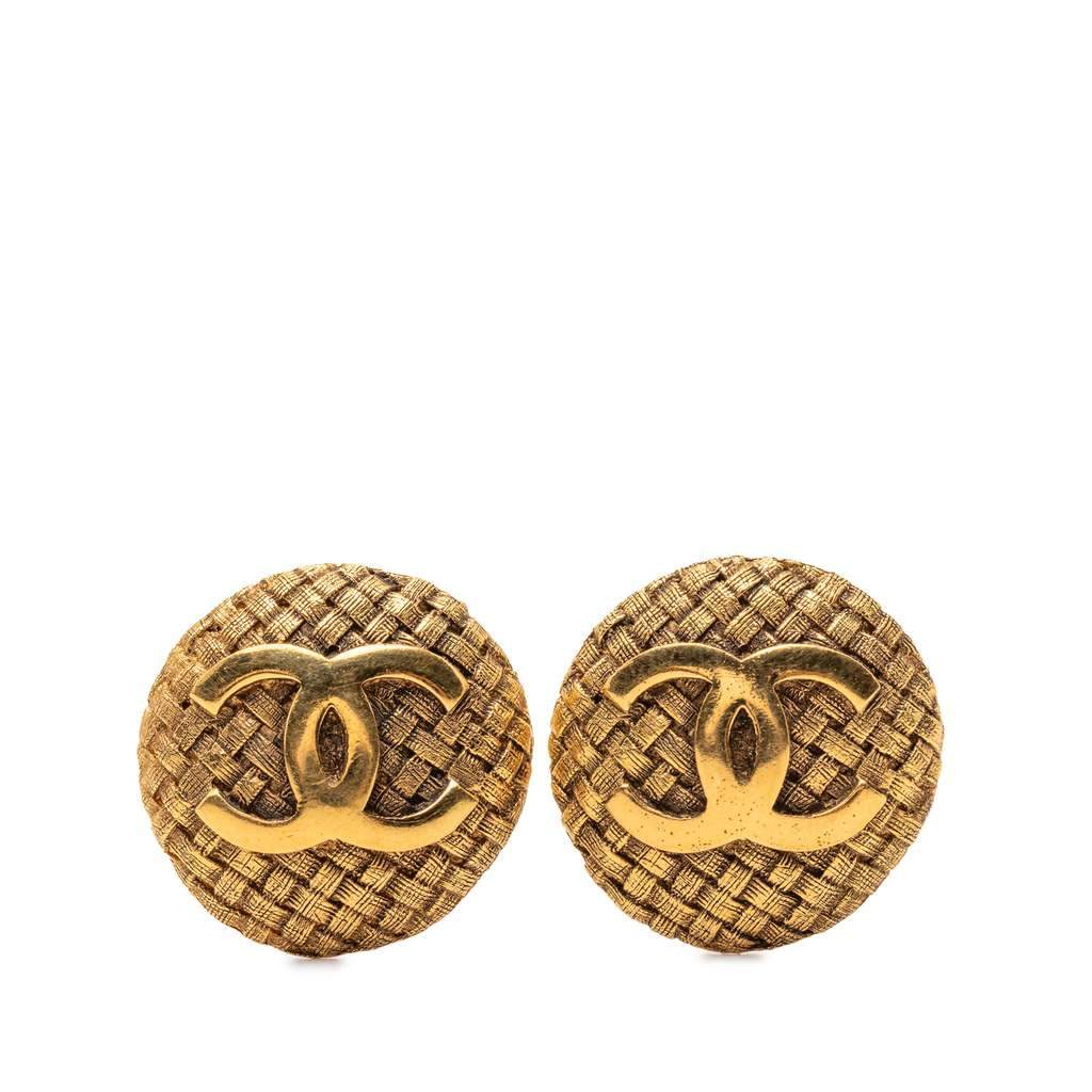 Chanel CC Gold Plated Woven Round Clip On Earrings Gold Metal Very good - Front View
