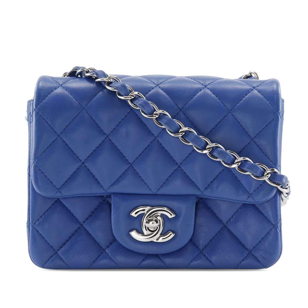 Chanel Mini Square Classic Lambskin Single Flap Blue Leather Very good - Front View
