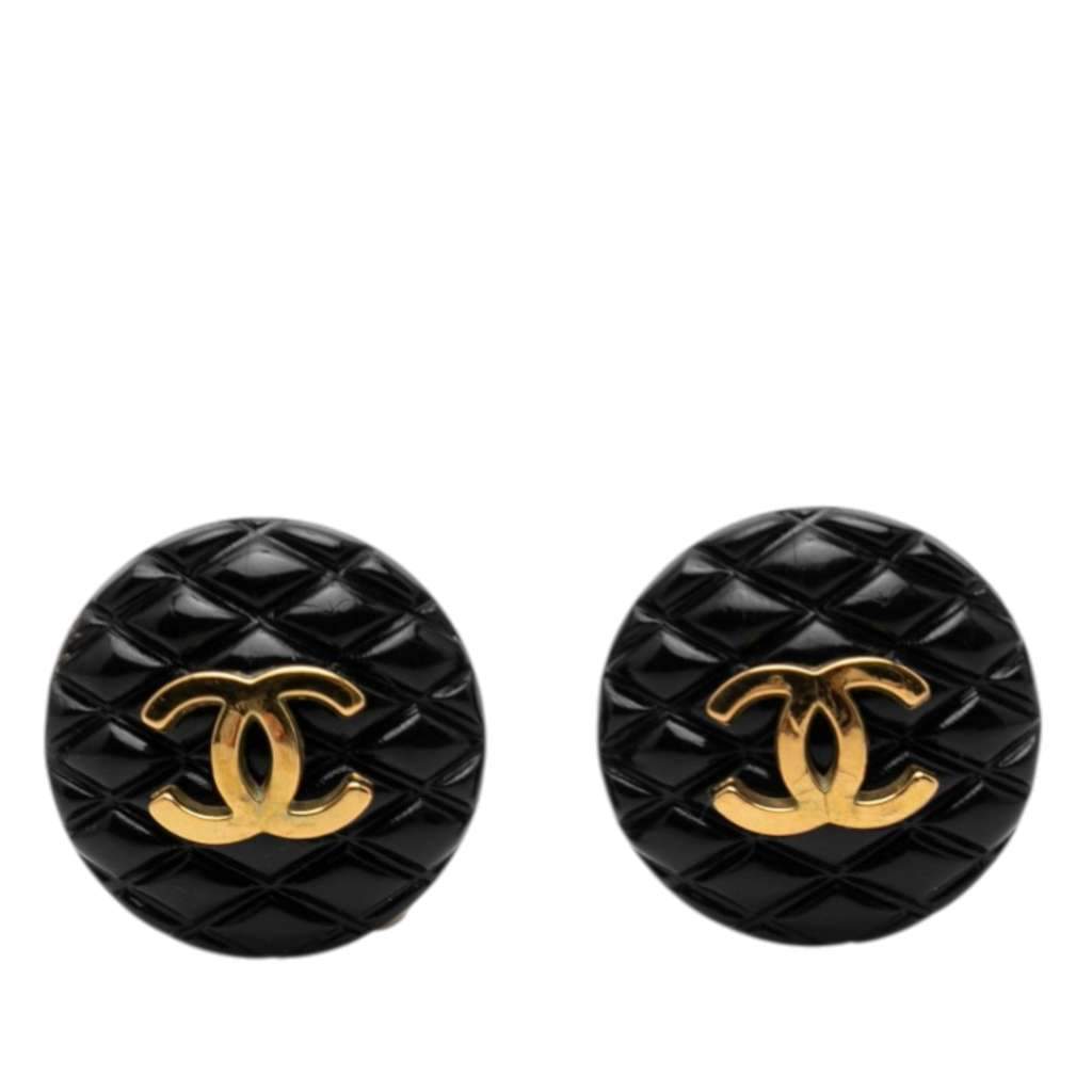 Chanel CC Resin and Gold Plated Quilted Button Clip On Earrings Black Very good condition - Front View