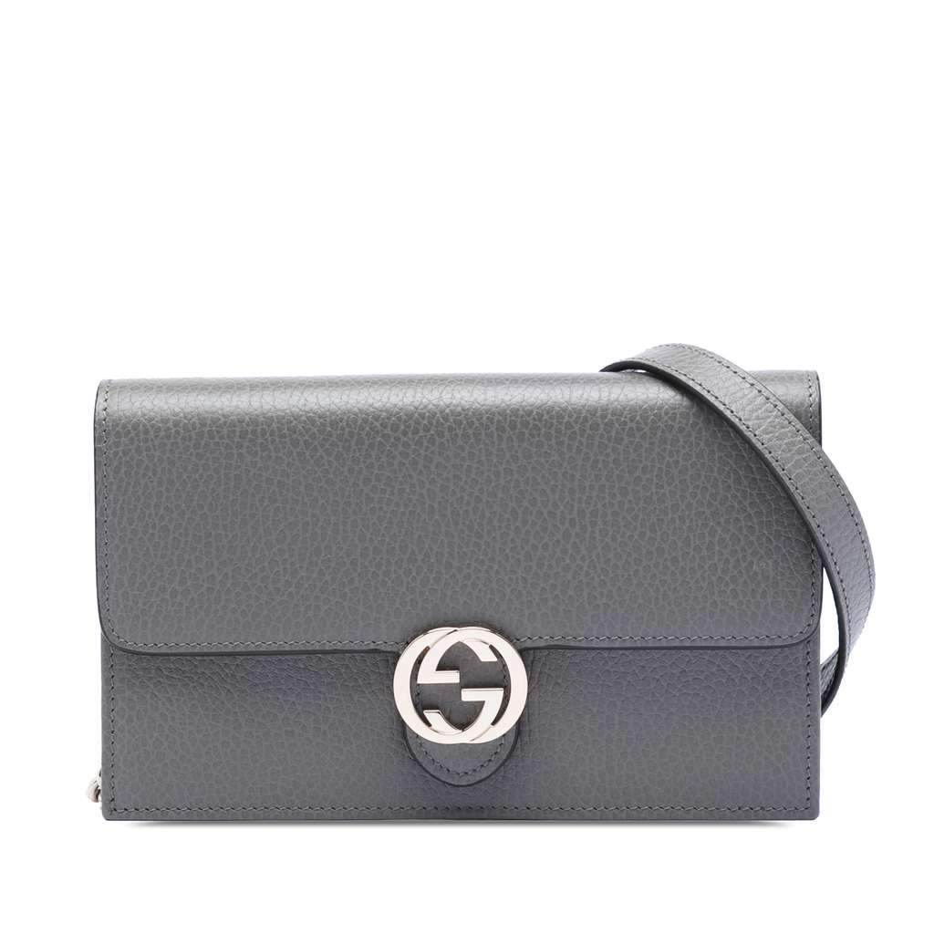 Gucci Leather Interlocking G Dollar Wallet on Chain Grey Leather Very good condition - Front View