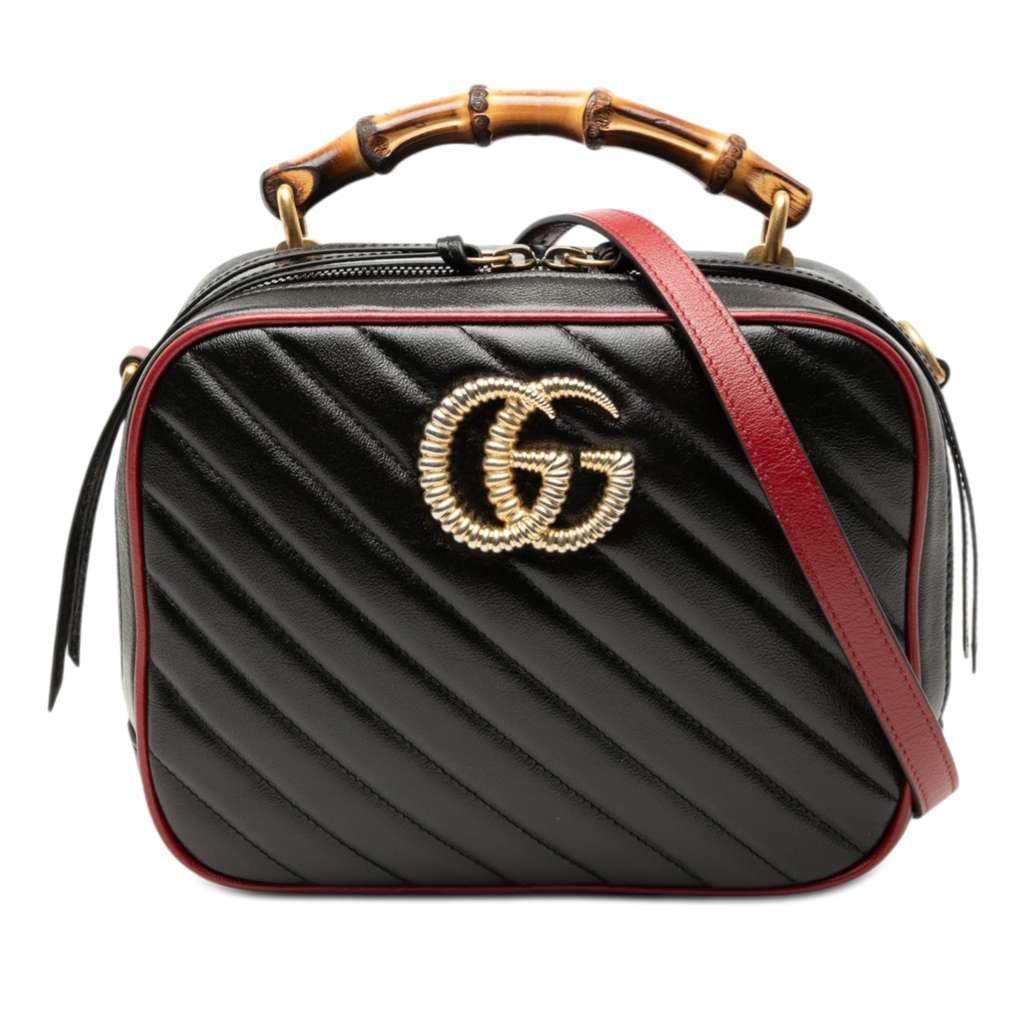 Gucci Small GG Marmont Matelasse Diagonal Leather Torchon Bamboo Satchel Black Leather Very good - Front View