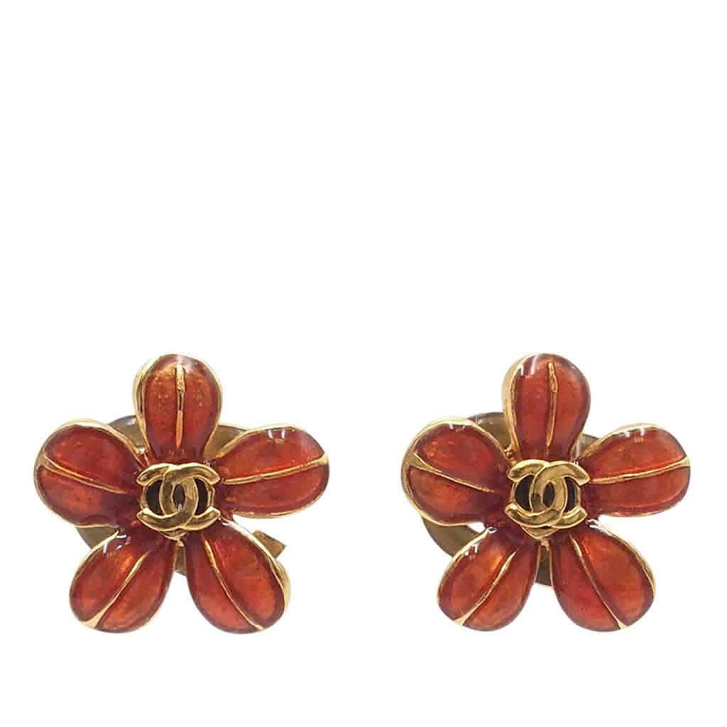 Chanel Gold Plated and Resin CC Flower Push Back Earrings Red Very good - Front View