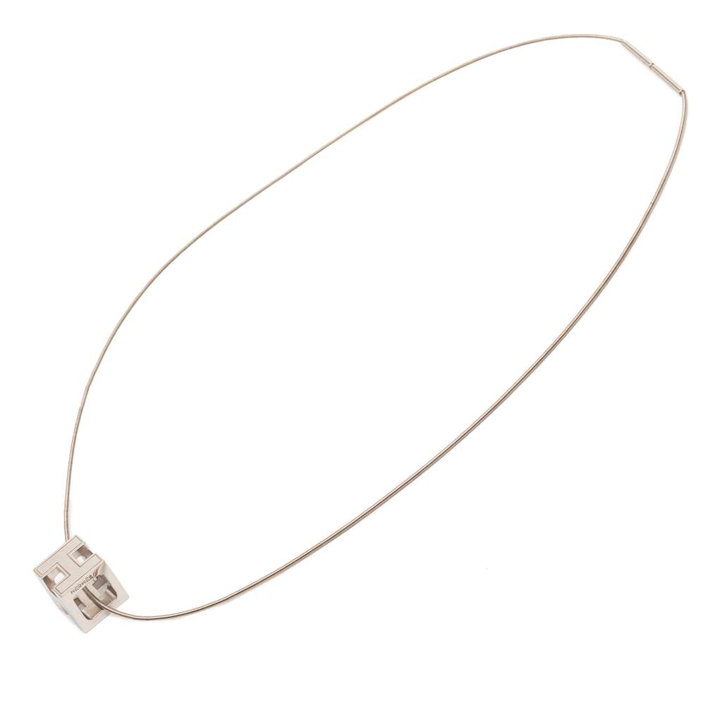 Hermès Palladium Plated Enamel Cage dH Cube Necklace Silver Metal Very good - Front View