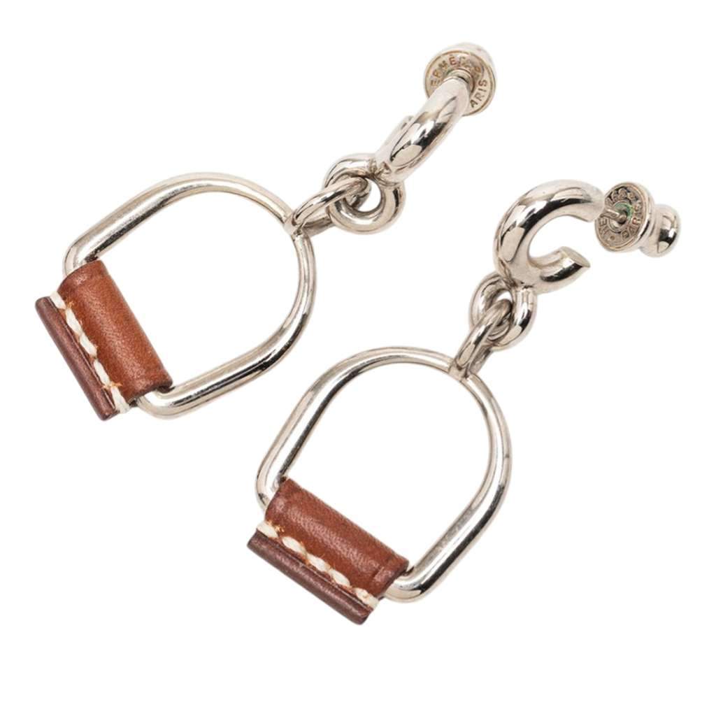Hermès Silver Plated and Swift Leather Equestre Etrier Push Back Earrings Silver Metal Very good - Front View